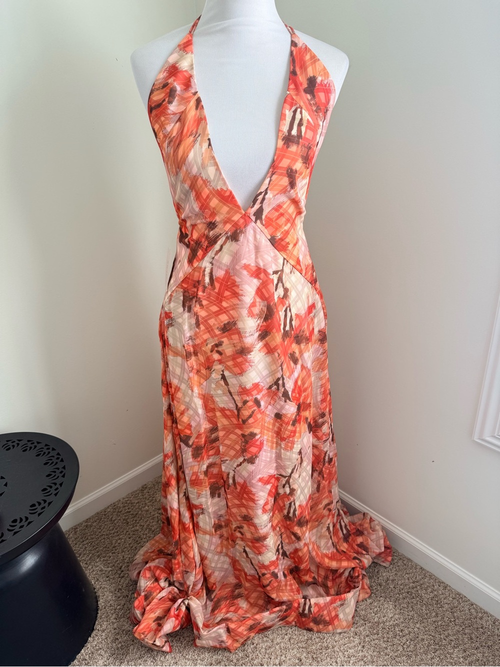 NWT Sau Lee Calista Maxi Long Chiffon Floral Dress Orange Plunge Size Women’s 4 - Picture 6 of 10